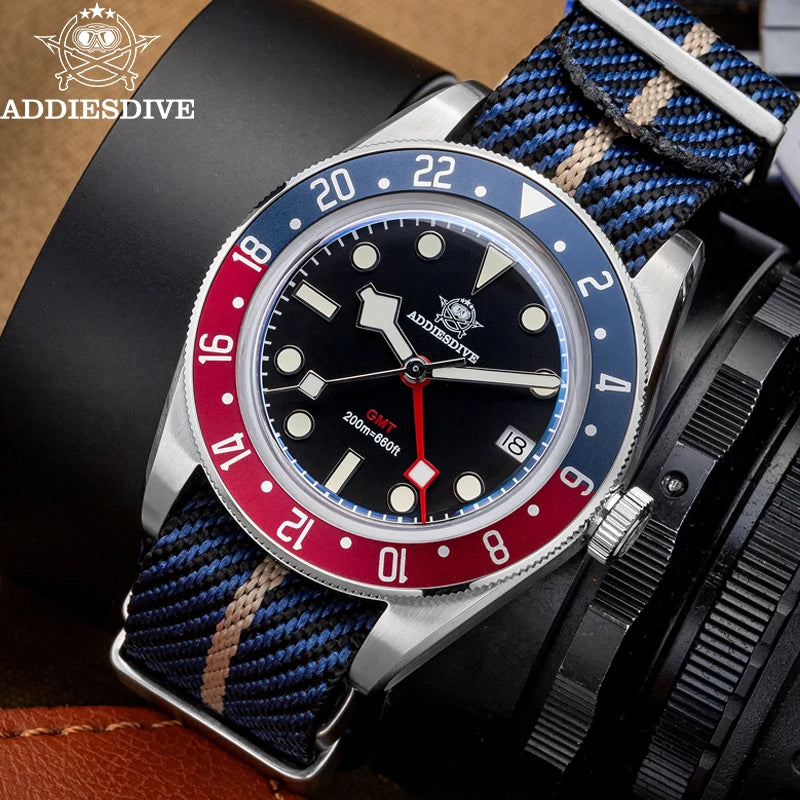 ADDIESDIVE Luxury GMT515-24H Men's Watch Diver 200m Bubble Mirror Glass BGW9 Super Luminous Stainless Steel Men's Analog Watches - Sun Studio