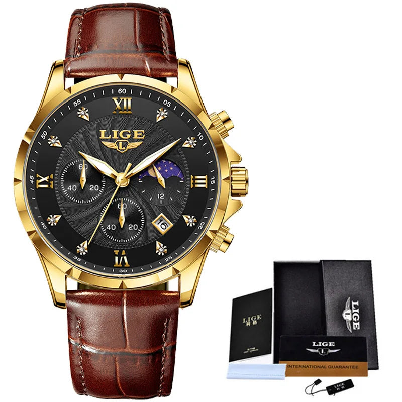 LIGE New Quartz Watches for Men Top Brand Luxury Leather Fashion Military Watch Men Sport Waterproof Chronograph Montre Homme - Sun Studio