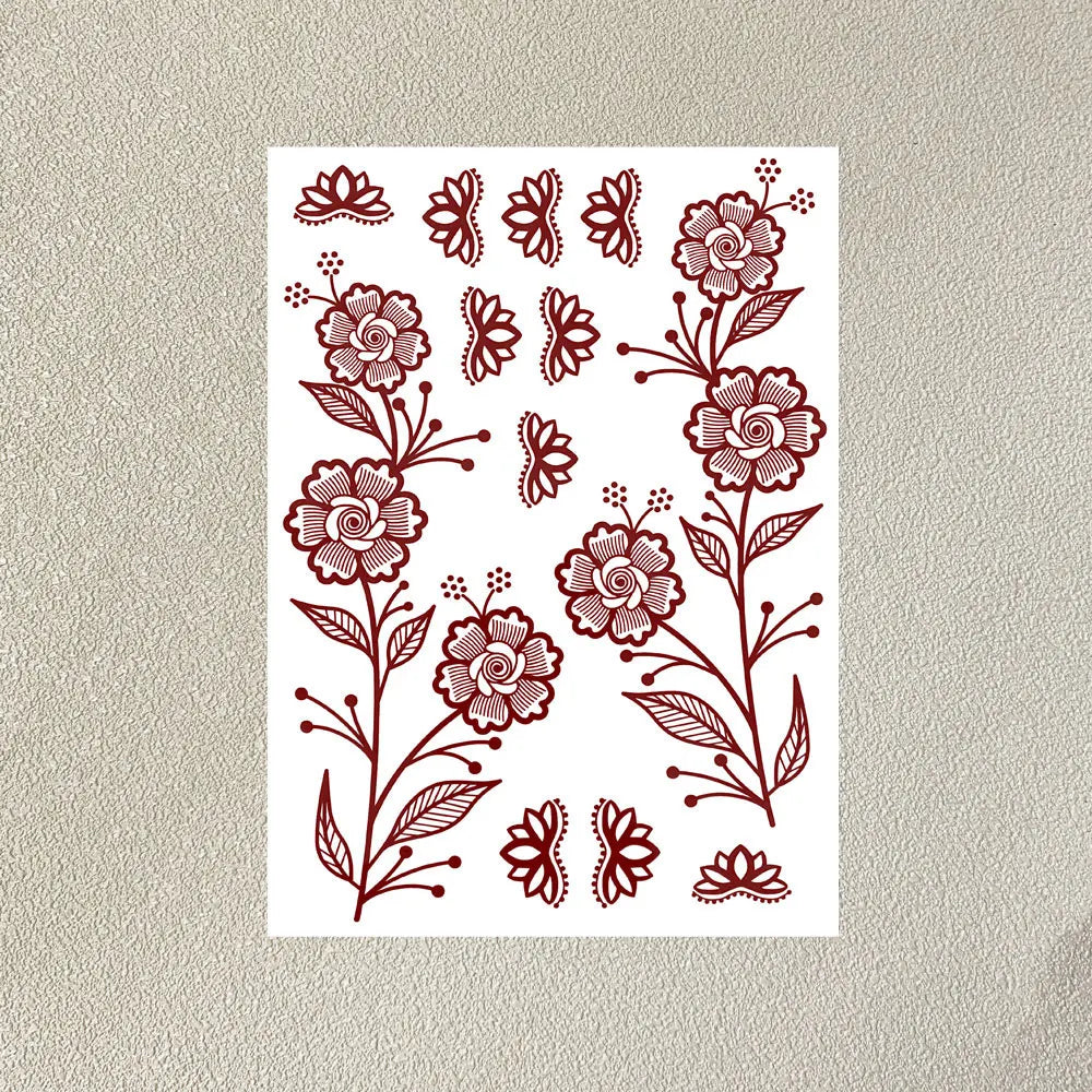 Waterproof Flower Hand Tattoo for Women Maroon Henna Tattoo Stickers for Hand Fingers Body Art Disposable Fake Tattoo Festival