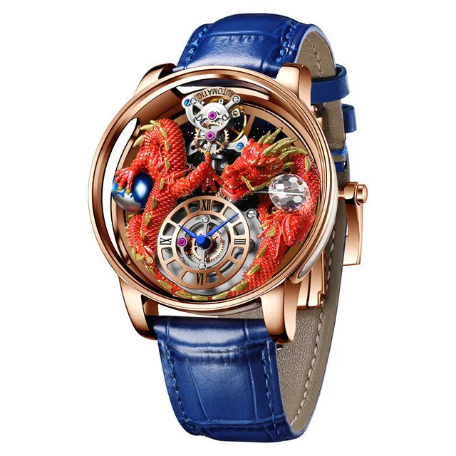 PINDU Design New 3D Dragon Earth Theme Quartz Watches Men Celestial Series Curved Mirror Transparent Design Watch Wristwatches - Sun Studio