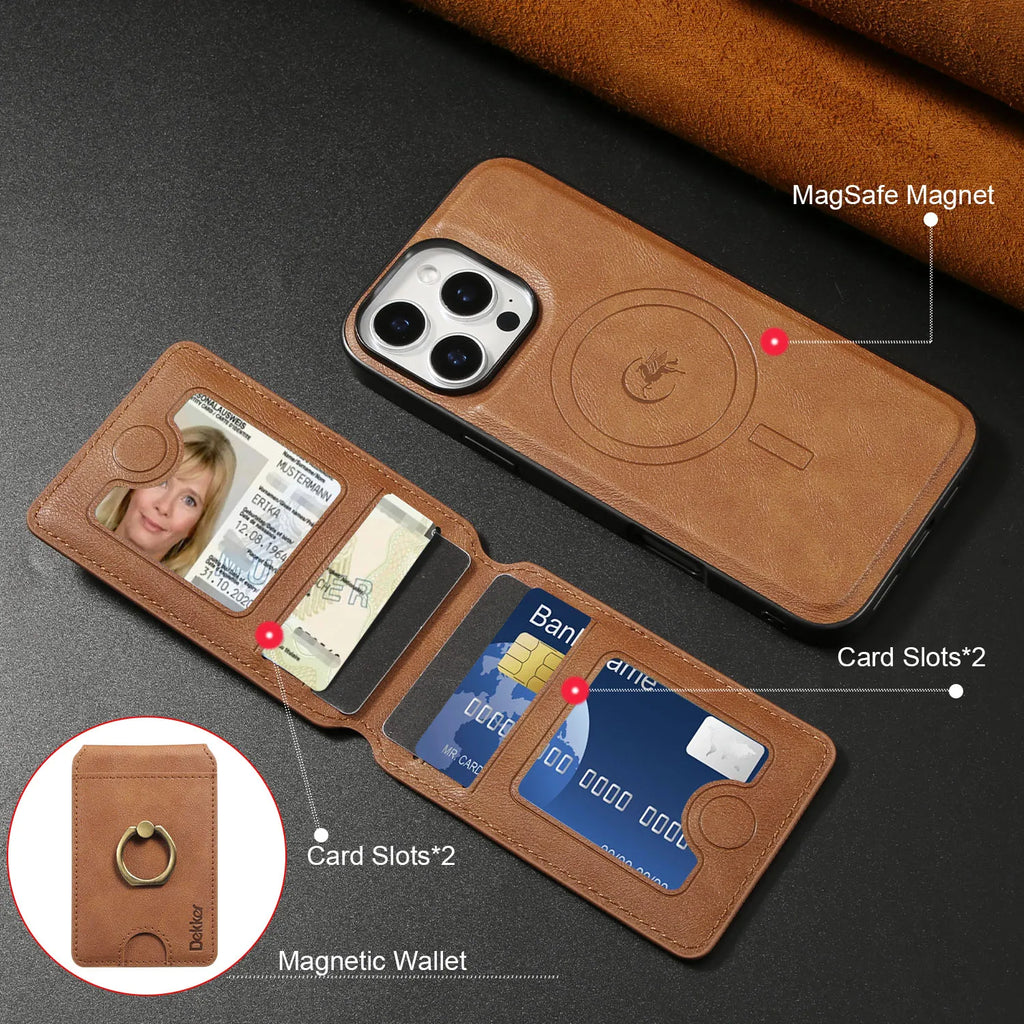 2 in 1 Detachable Vertical Cards Solt Ring Holder Wallet Leather Case For iPhone 16 Pro Max 15 Plus 14 13 12 Magnetic Bag Cover - Sun Studio