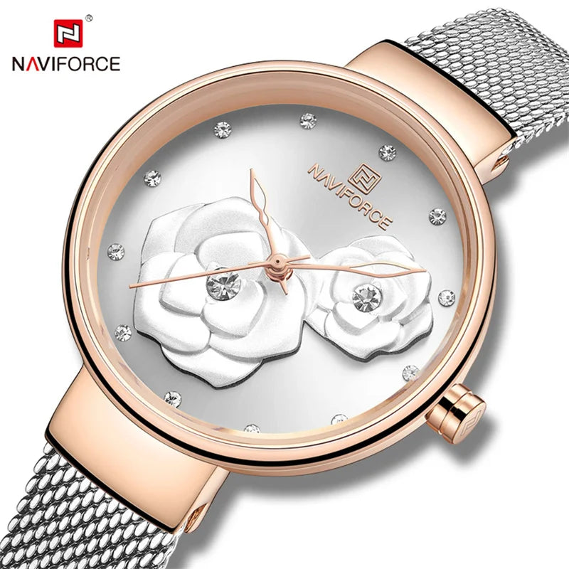 Women Watch NAVIFORCE Top Luxury Brand Steel Mesh Waterproof Ladies Watches Flower Quartz Female Wristwatch Charming Girl Clock - Sun Studio