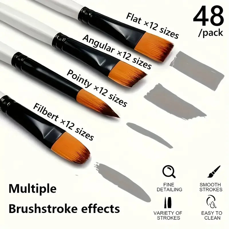 12/48Pcs Professional Quality Art Watercolor Brushes White Nylon Round Tip Set for Acrylic and Brushes for Face Body Nail Art - Sun Studio
