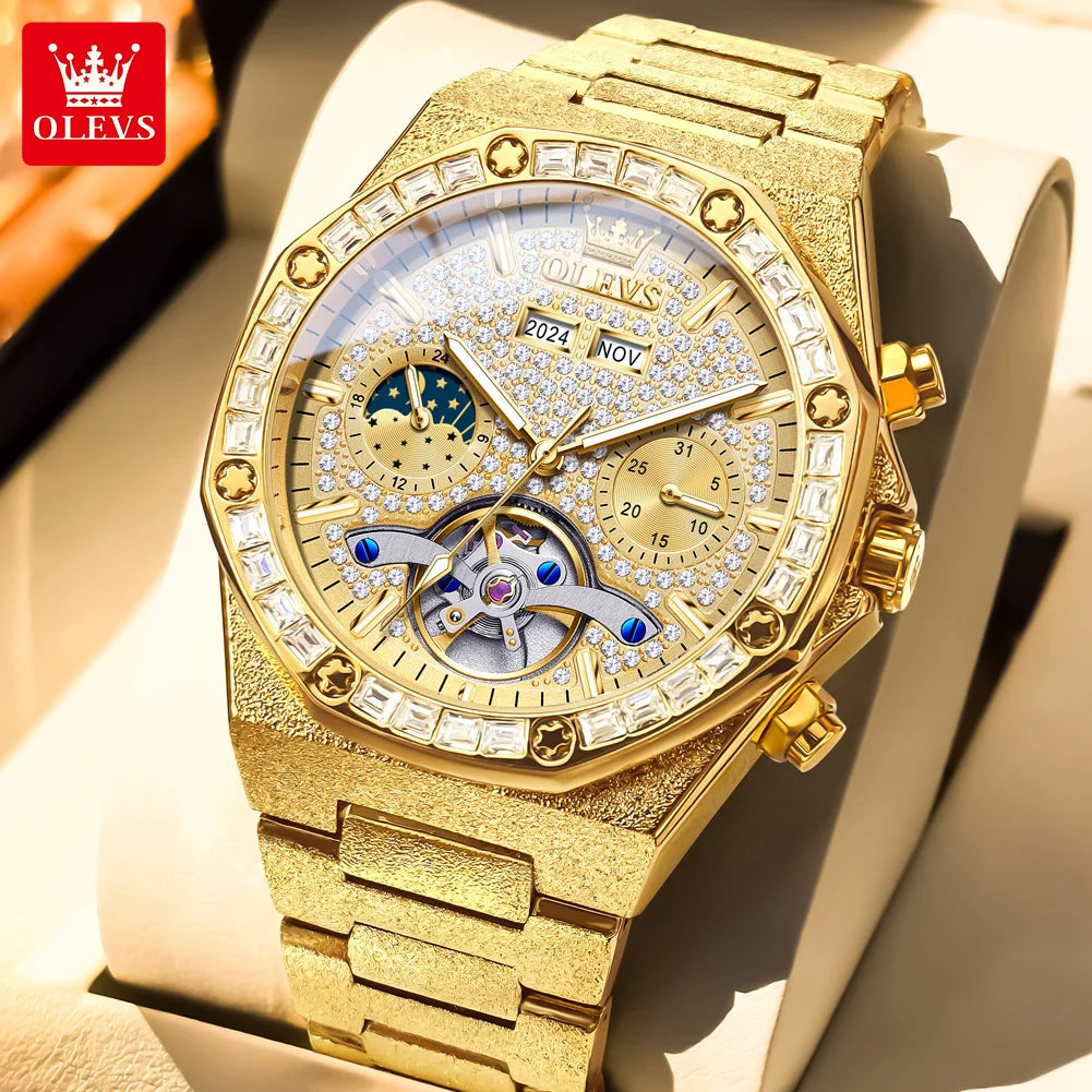 OLEVS Luxury Automatic Tourbillon Watch Men Fashion Gold Mechanical Watches Stainless Steel Waterproof Date Week Men's Watches - Sun Studio