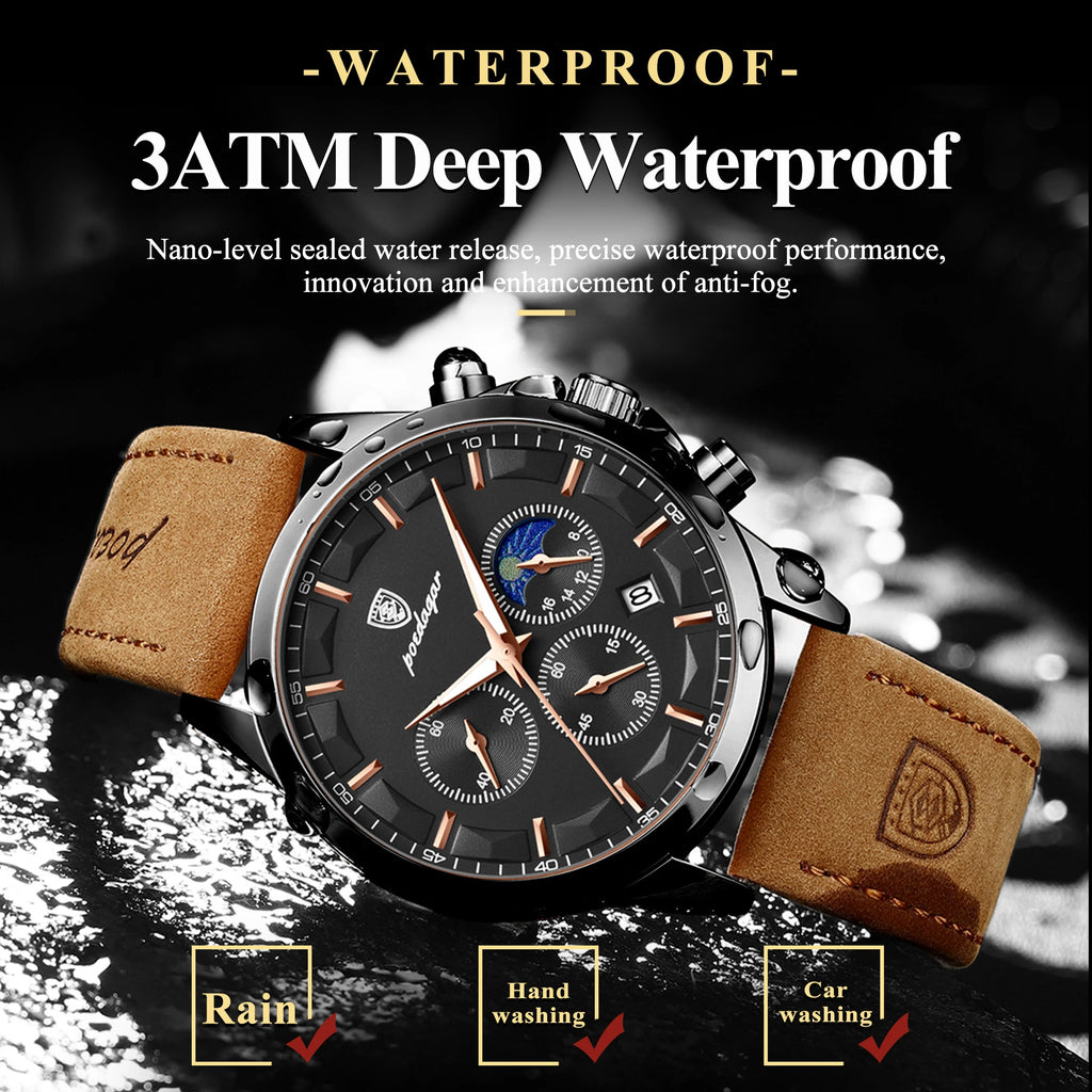 POEDAGAR Original Military Men Clock Waterproof Luminous Leather Quartz Man Watch Chronograph Date Luxury Business Men's Watches - Sun Studio