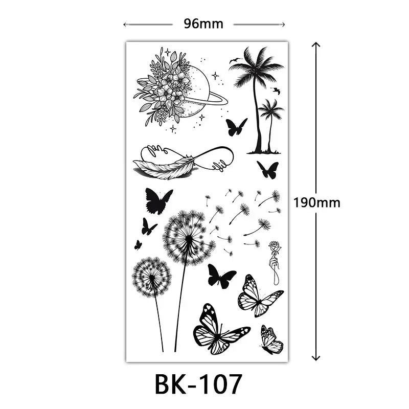Rose Blossom Tattoo Temporary Waterproof Butterfly Fake Tattoo for Woman Black Flower Sketch Tattoo Sticker