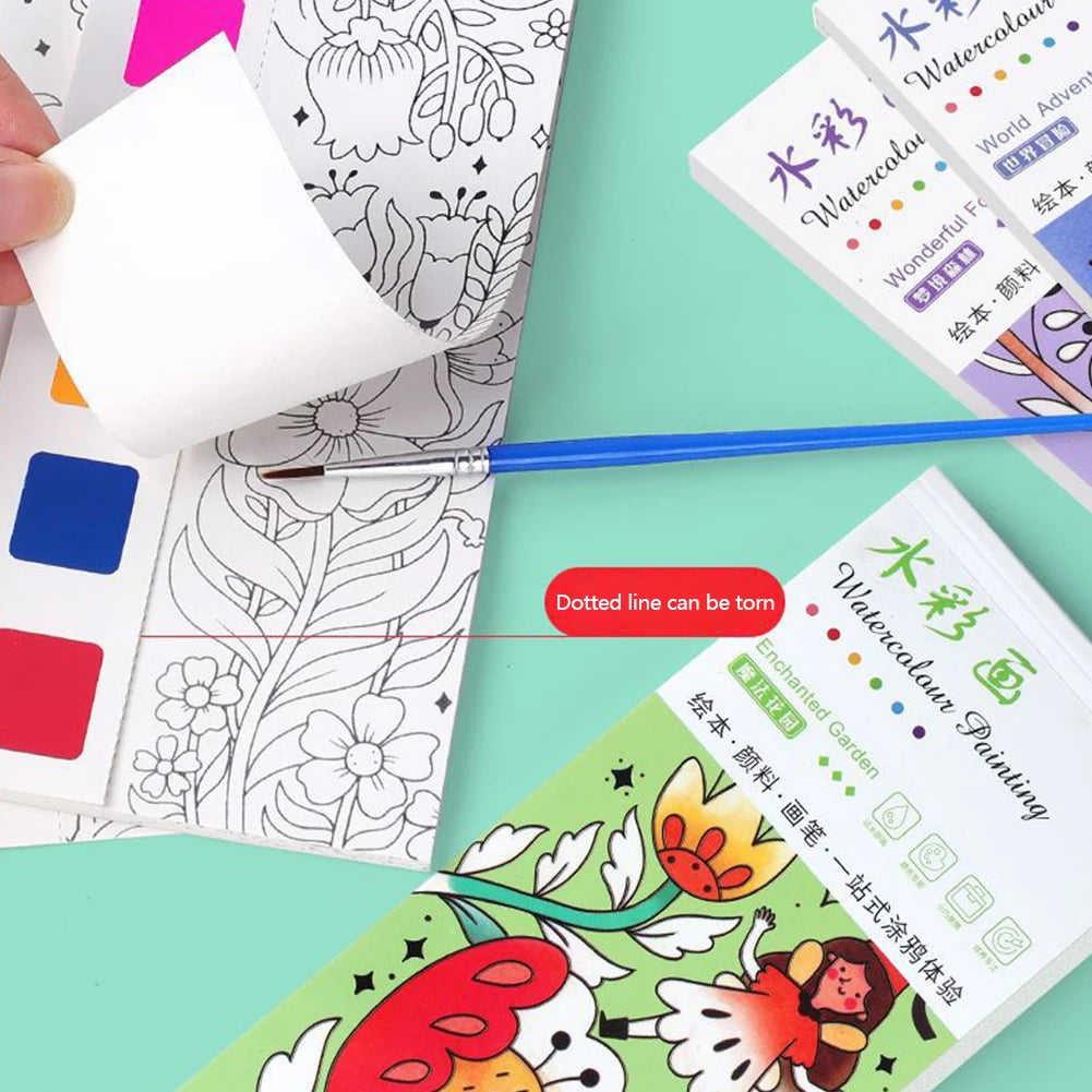 12 Sheets/set Watercolor Painting Book With Paint Brush Gouache Book Portable Kids Graffiti Picture Drawing Stationery - Sun Studio