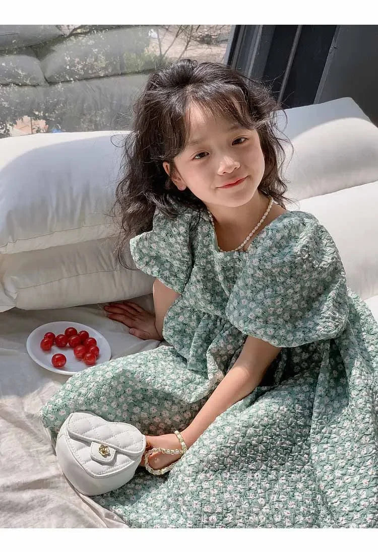 Girls Casual Dresses Floral Print Puffy Sleeves Dress Flower Girl Dresses Square Collar Clothes for Kids 3 To 7 Years - Sun Studio