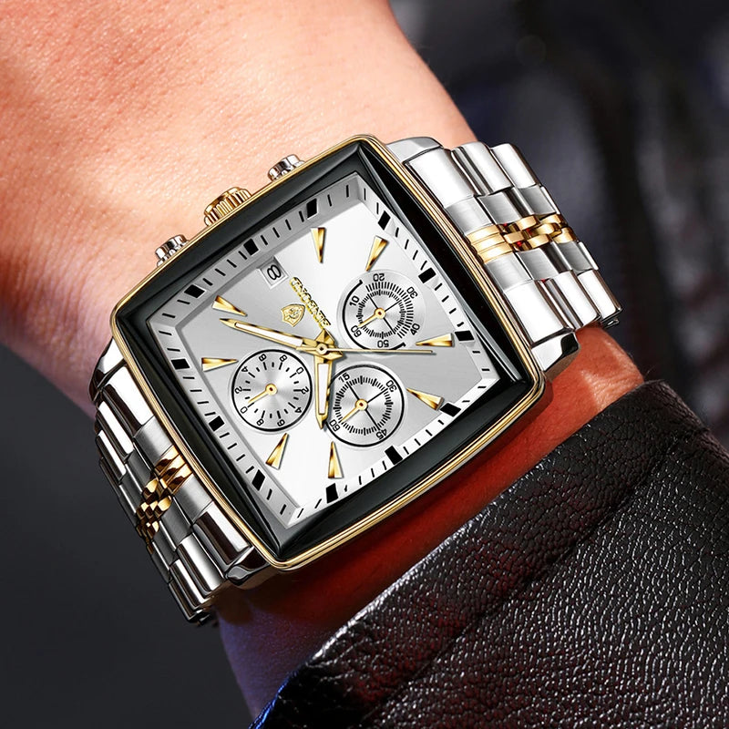 Square Men Chronograph Multifunction Watches Date For Male Clock Quartz Stainless Steel Band Wrist Watches Men Trendy Fashion - Sun Studio