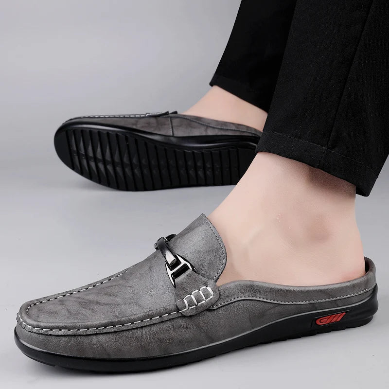 Luxury Men Genuine Leather Shoes Casual Business Men Slip-on Shoe All-Match Half Slippers Loafers Summer Handmade Flats Slippers - Sun Studio