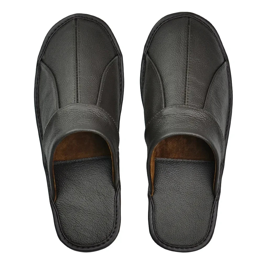 Men's Luxury Cow Split Leather Handmade Men Home Slippers Spring Slip on Soft Comfortable Black Brown Bedroom Indoor Flat Shoes - Sun Studio