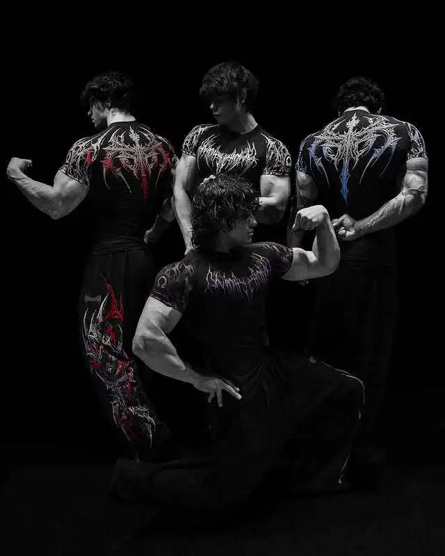 GYM T-shirt Men's Dark Gothic Print Muscle Tee  High Elasticity And Quick Drying Exercise For Bodybuilding Training 2026 Summer - Sun Studio