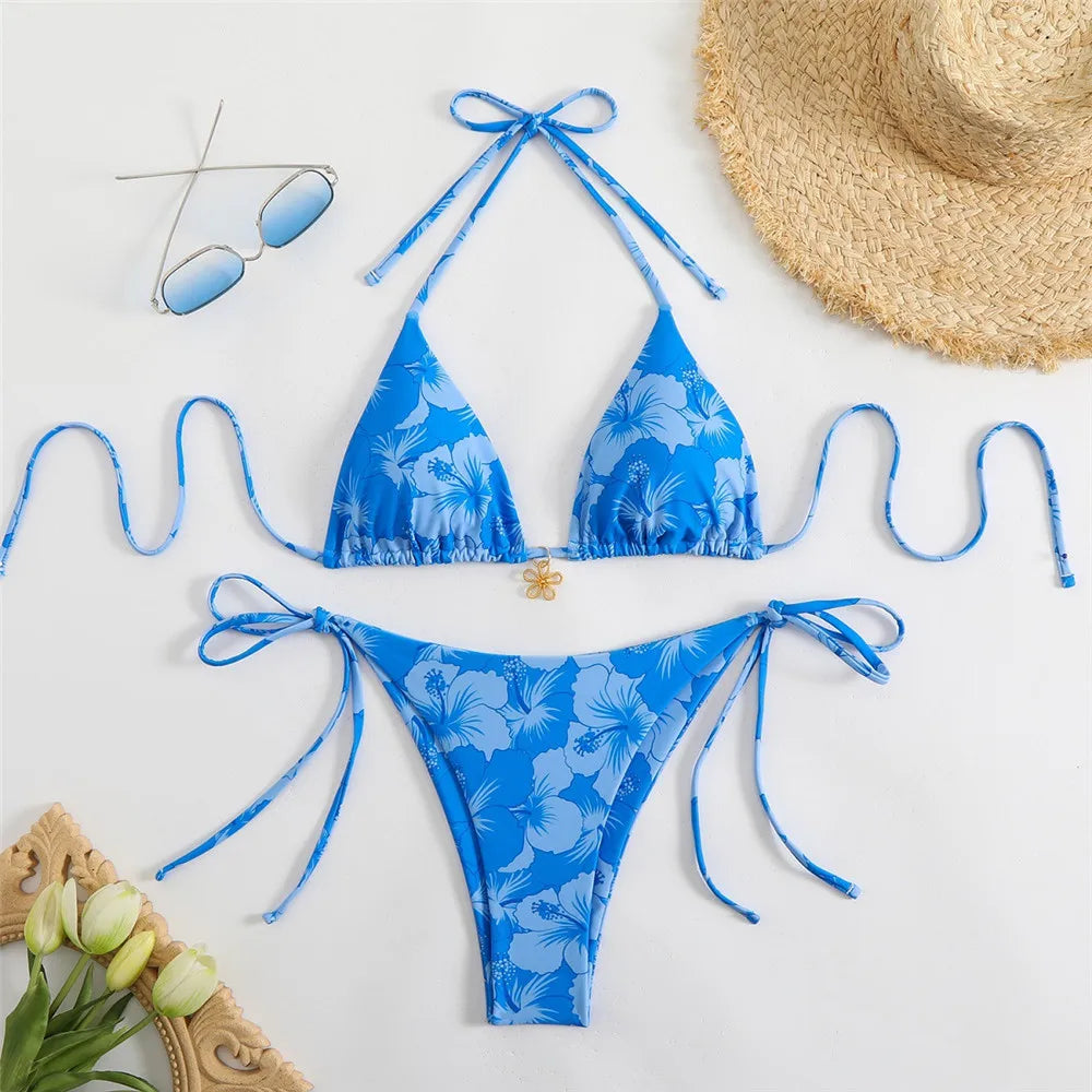 Blue Floral Print Swimwear Halter String Triangle Bikini Micro Mini Thong Sexy Swimsuit Women 2026 Bather Biquinis Bikinis Sets - Sun Studio