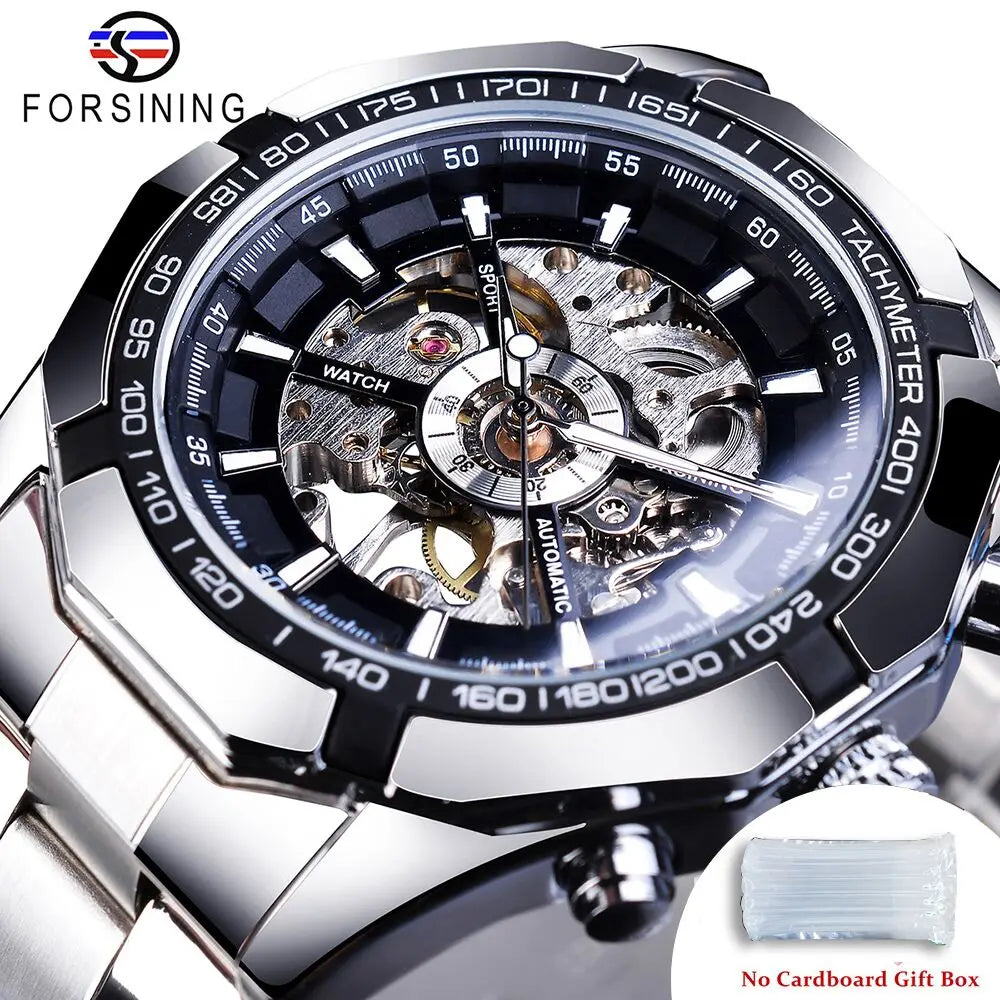Forsining 2021 Stainless Steel Waterproof Mens Skeleton Watches Top Brand Luxury Transparent Mechanical Sport Male Wrist Watches - Sun Studio