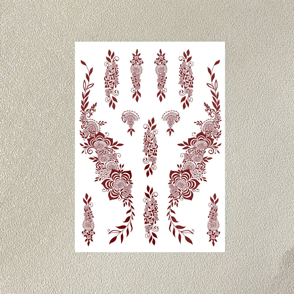 Waterproof Flower Hand Tattoo for Women Maroon Henna Tattoo Stickers for Hand Fingers Body Art Disposable Fake Tattoo Festival