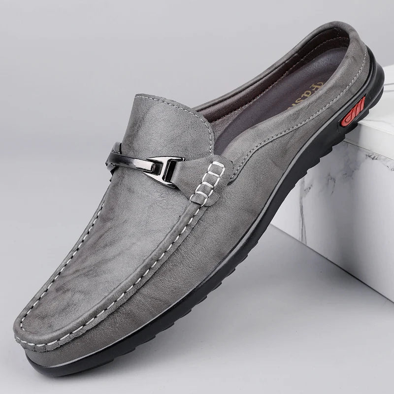 Luxury Men Genuine Leather Shoes Casual Business Men Slip-on Shoe All-Match Half Slippers Loafers Summer Handmade Flats Slippers - Sun Studio