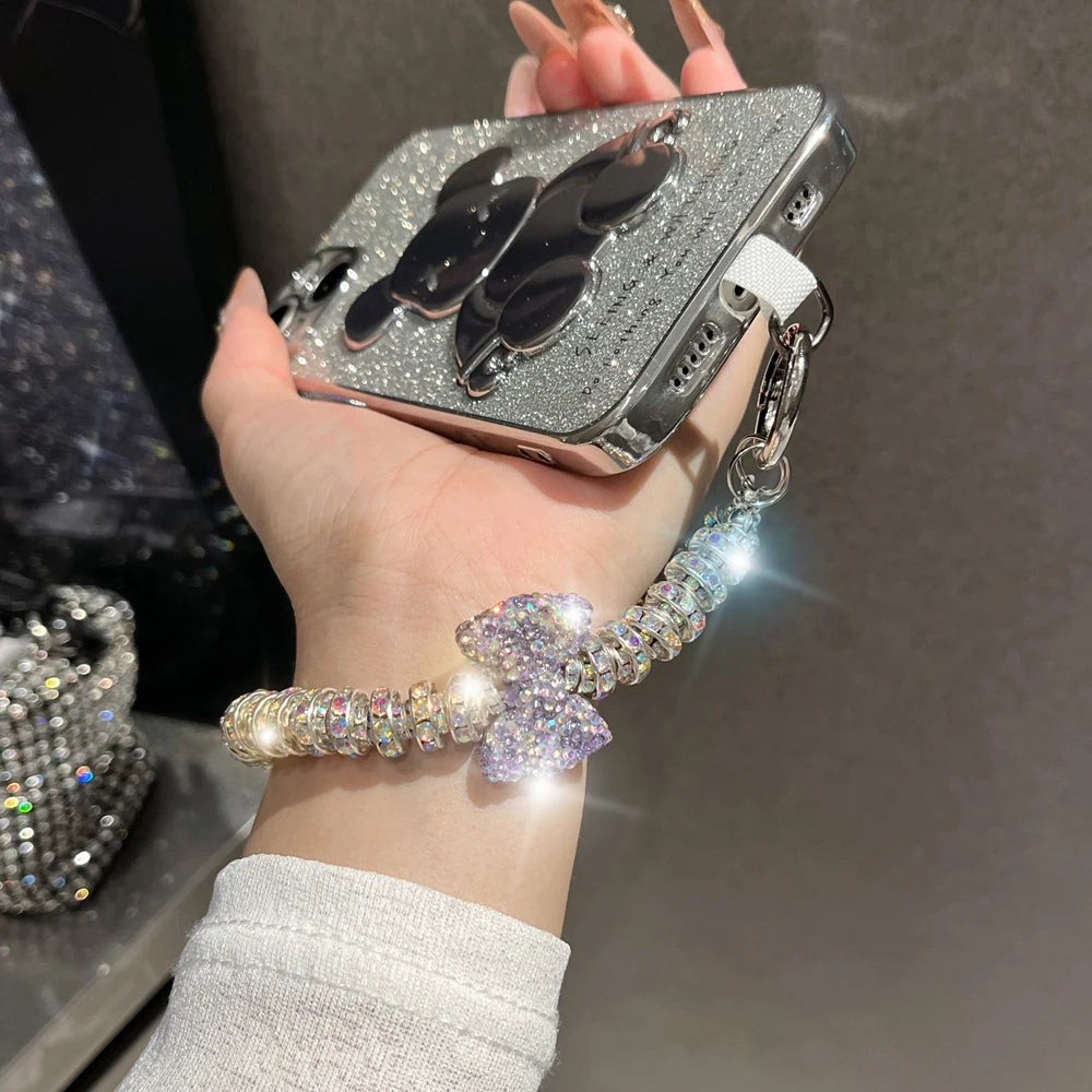 Rhinestone Bow phone wrist strap Luxury Crystal Bead Key Chains Charm Lanyard for Iphone cell phone strap glitter Jewelry Gift - Sun Studio