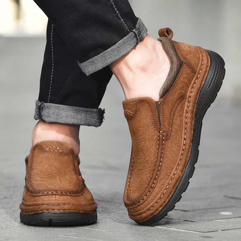 Genuine Leather Mens Loafers Anti-slip Rubber Man Casual Shoes Vintage Style Walk Shoes Slip-On Hiking Footwear Luxury Moccasins - Sun Studio