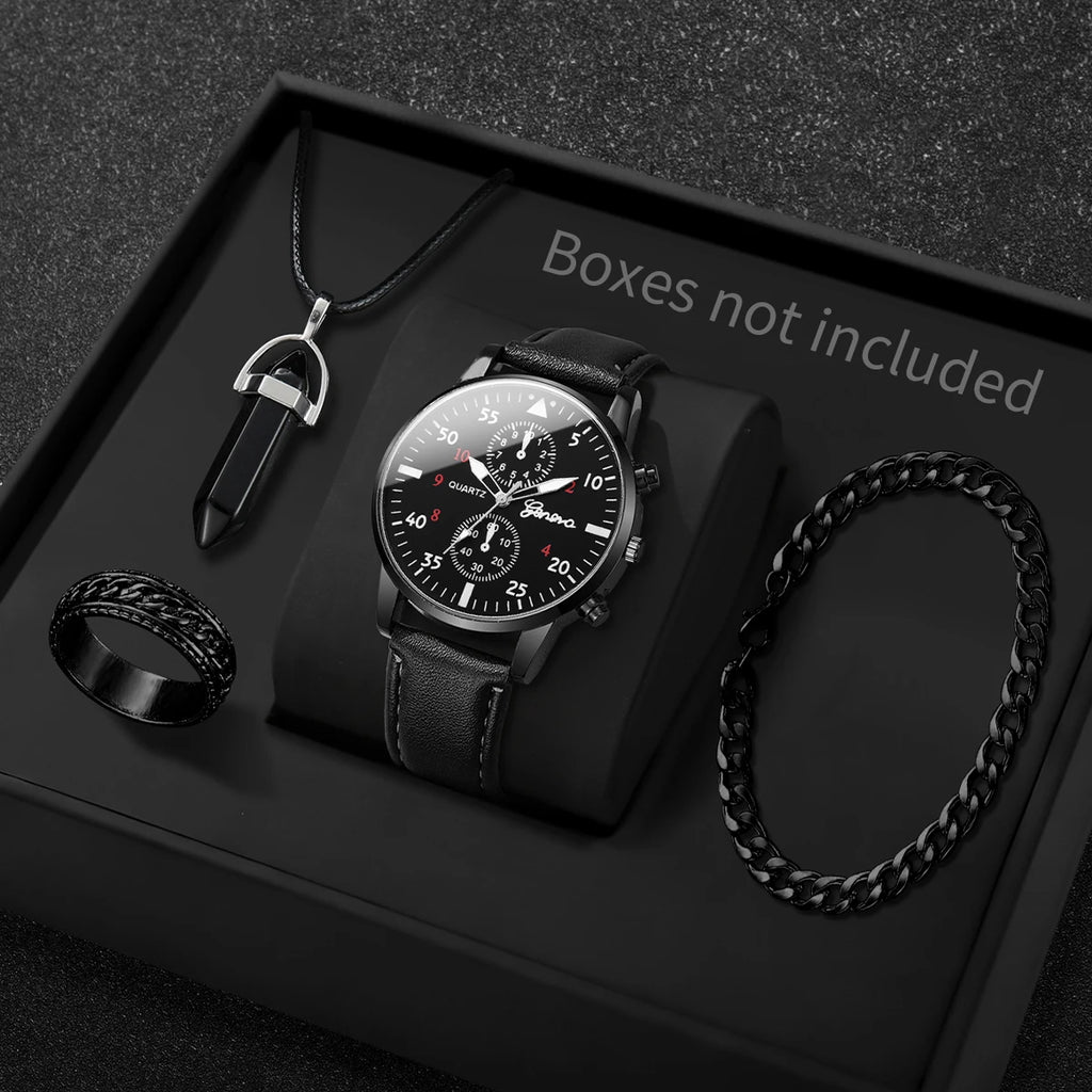4PCS Fashion Men Business Watches Jewelry Set Casual Arabic Dial Male Leather Strap Quartz Wristwatch Reloj Hombre (Without Box) - Sun Studio