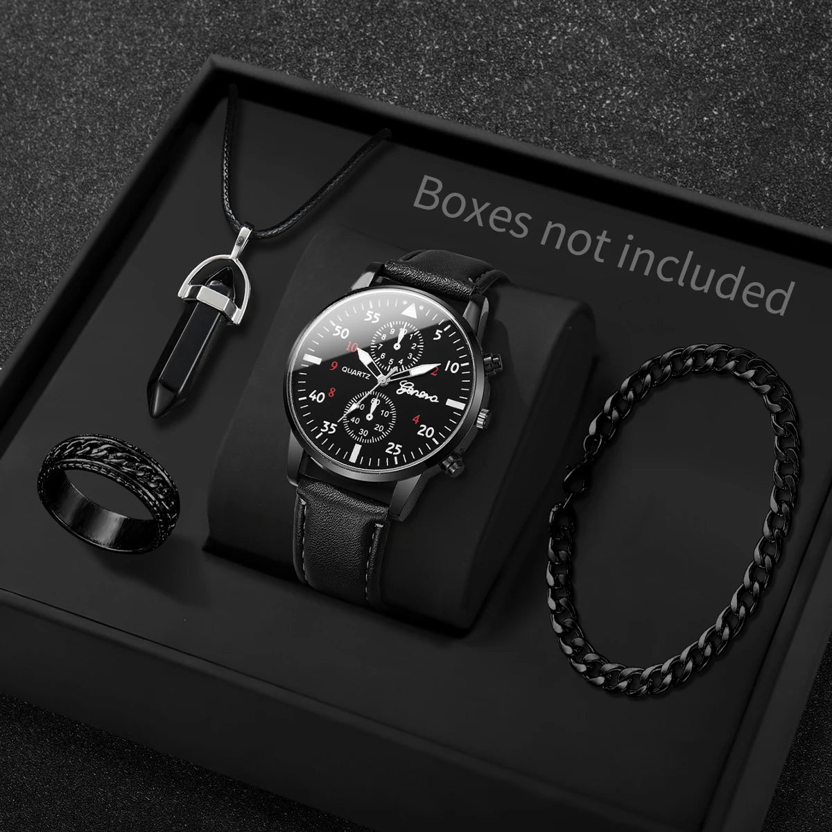 4PCS Fashion Men Business Watches Jewelry Set Casual Arabic Dial Male Leather Strap Quartz Wristwatch Reloj Hombre (Without Box) - Sun Studio