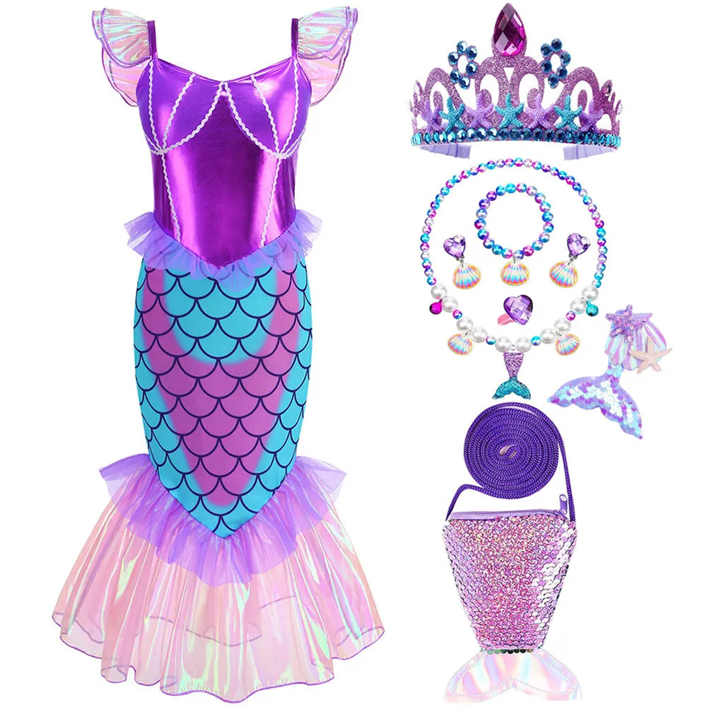 Disney Blue Red Purple Three Colors Mermaid Flying Sleeve Fishtail Beautiful Dress For Girl Summer Beach Party Cool Swimsuit Set - Sun Studio