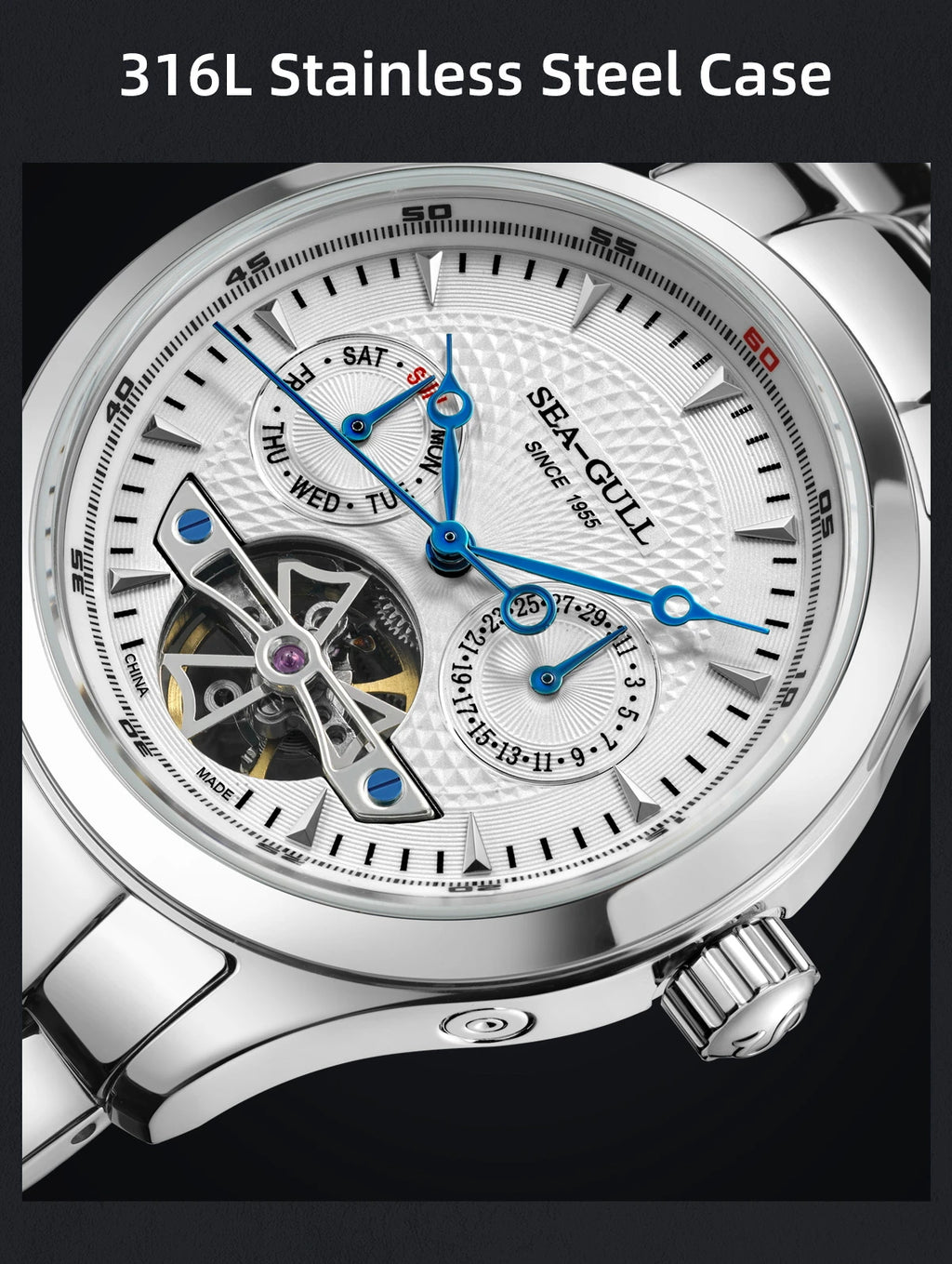 Sea-Gull Mechanical Men's Watch Hollow Flywheel Automatic Watch Multifunction 316L Stainless Steel Calendar Brand Watches M160S - Sun Studio