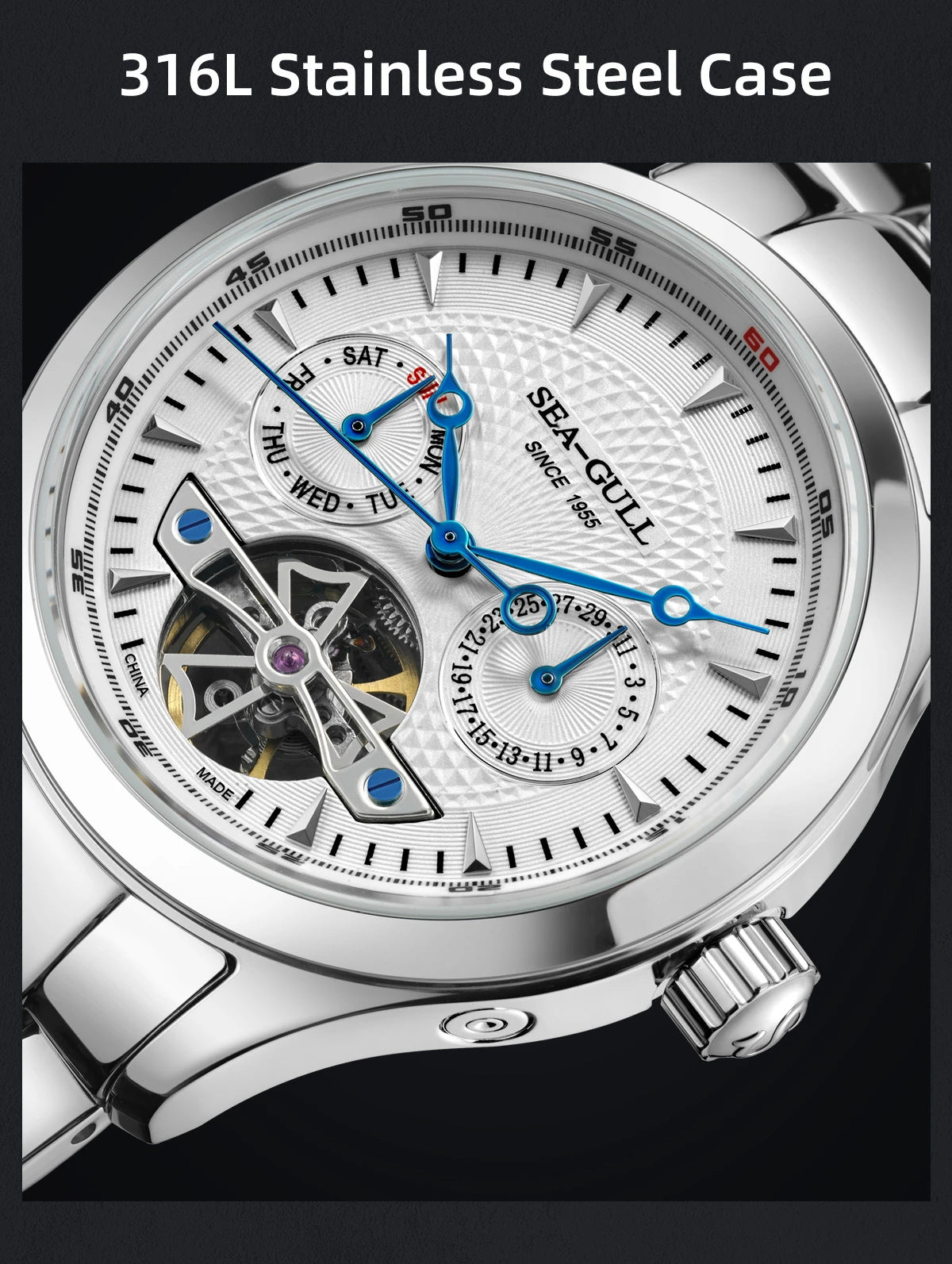 Sea-Gull Mechanical Men's Watch Hollow Flywheel Automatic Watch Multifunction 316L Stainless Steel Calendar Brand Watches M160S - Sun Studio