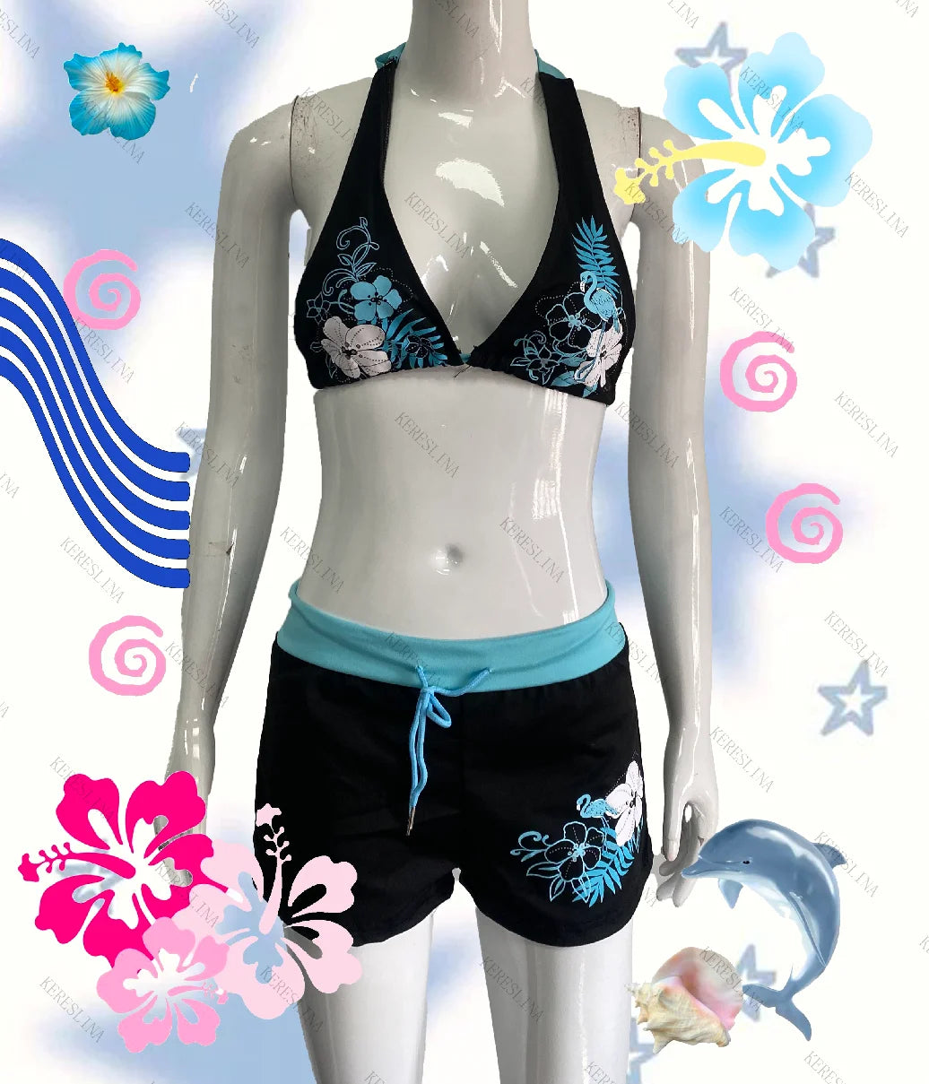 Y2k Vintage Flower print Cutie 2 set Bikini Swimsuit Sexy Women Bathing Fashion Halter Strap Swimwear High Street Beach Female - Sun Studio