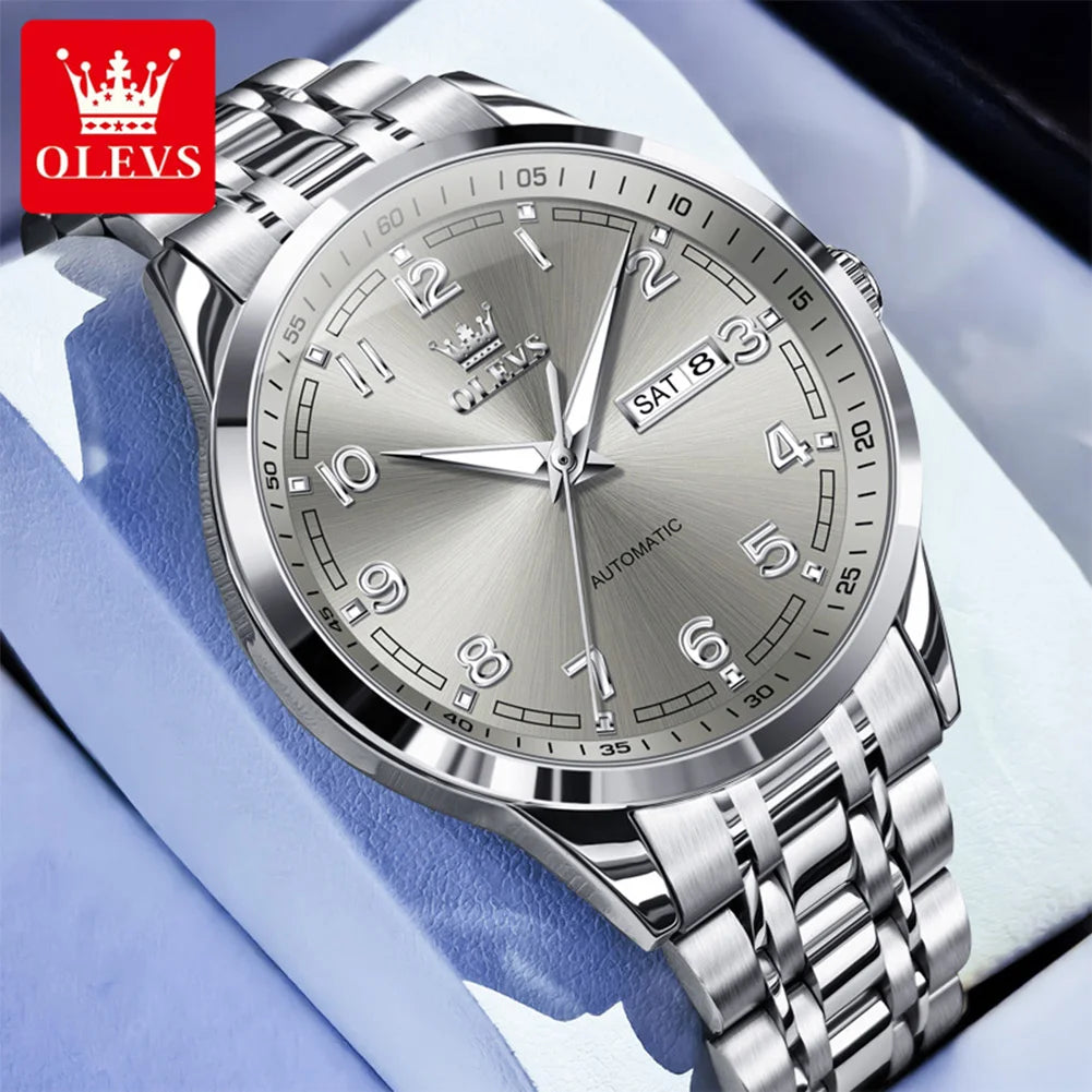 OLEVS Men Watches 7077 Luxury Fashion Top Brand Original Automatic Mechanical Watch for Man Double Scale Simple Trend Waterproof - Sun Studio