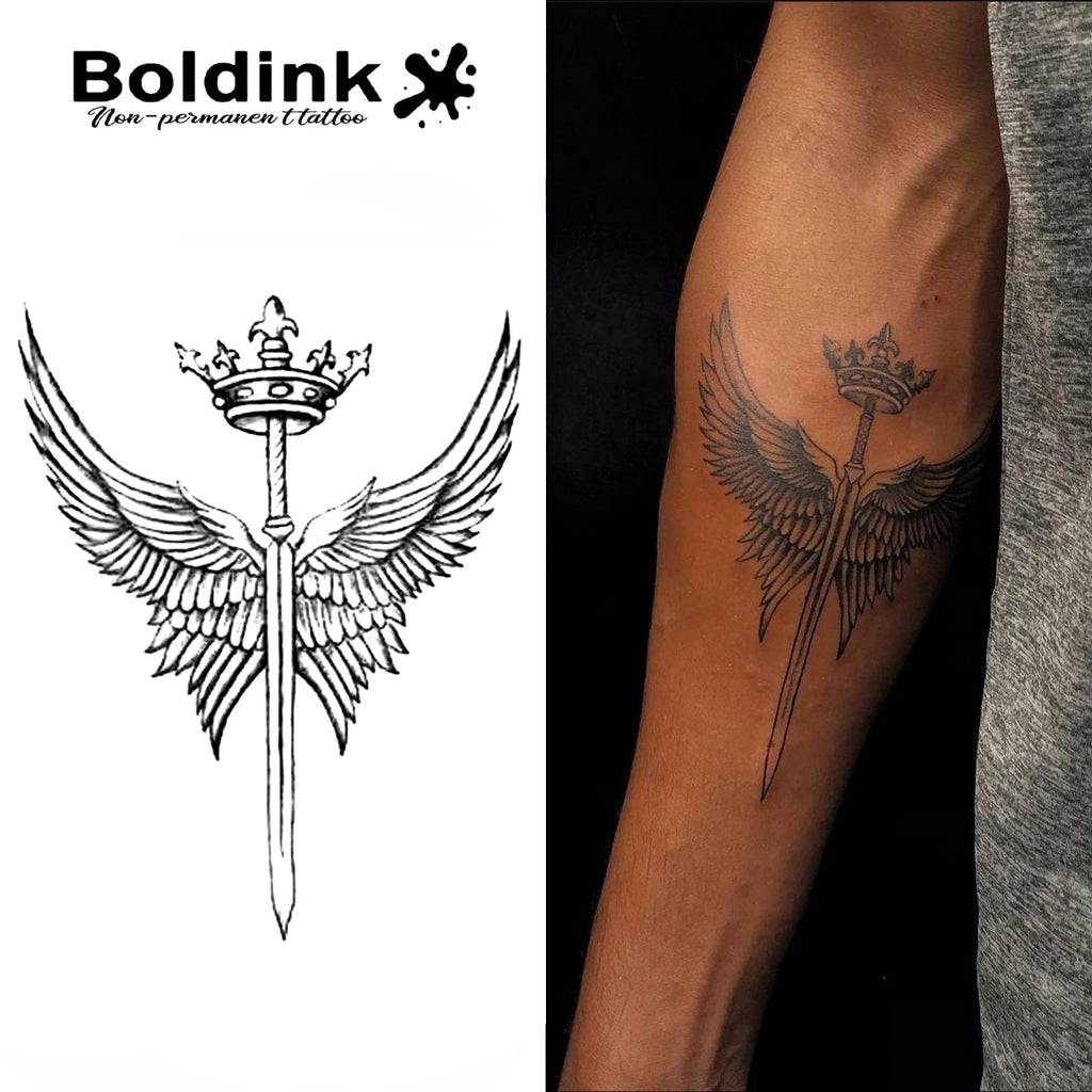 Boldink Crowned Sword with Wings Temporary Tattoo,Lasts To 15 Days New Technology Magic Waterproof Semi Permanent Sticker. - Sun Studio