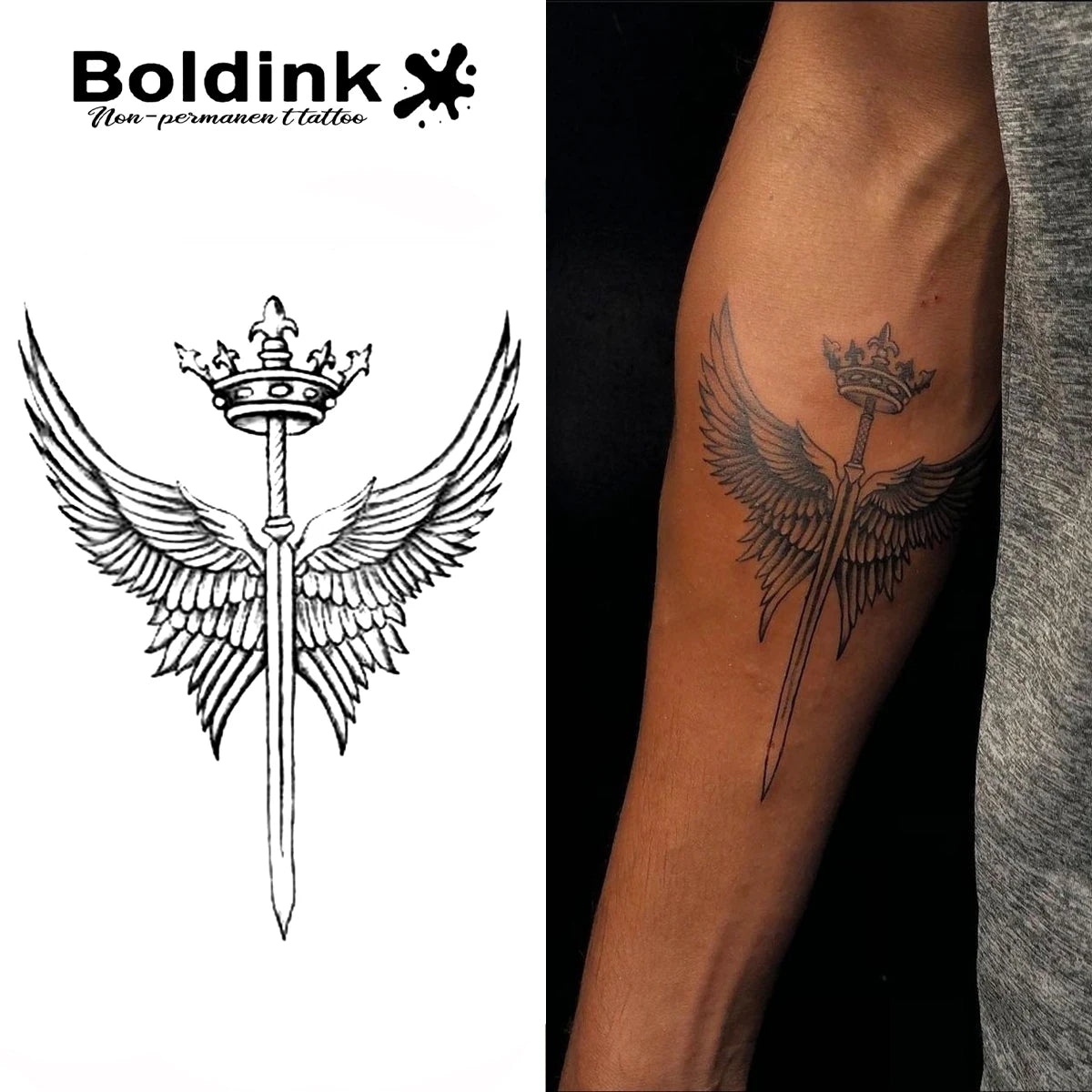 Boldink Crowned Sword with Wings Temporary Tattoo,Lasts To 15 Days New Technology Magic Waterproof Semi Permanent Sticker. - Sun Studio