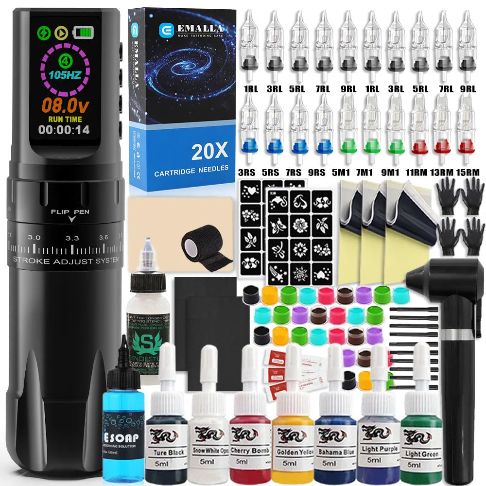 Professional Wireless Tattoo Machine Kit Wireless Rotary Tattoo Pen with Tattoo Cartridge Needles Inks for Tattoo Beginners Set - Sun Studio