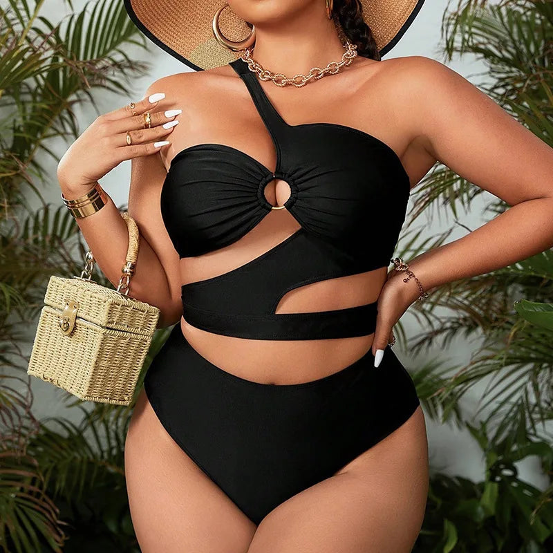 2024 Plus Size Swimwear One Shoulder Cut Out Black Sexy Women's Swimsuit Curvy Female Bikini Sets - Sun Studio