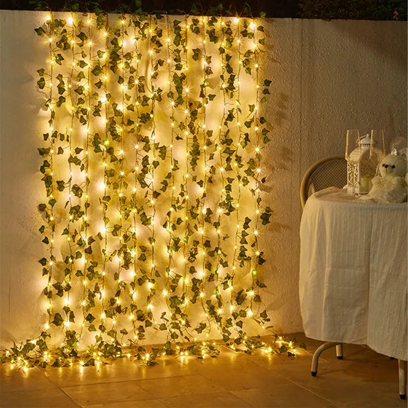 12/10/2m Fake Green Leaf Ivy Vine with LED Lights Home Bedroom Decor Wedding Glowing Artifical Plant Garland Home Decor - Sun Studio