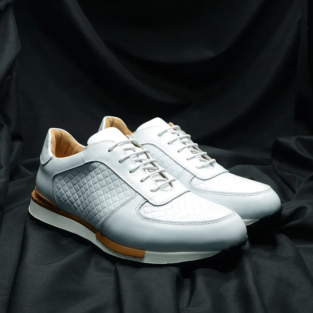 4 Colors Genuine Leather Man Luxury Sneakers Plaid Weave Pattern Lace-up Men Casual White Oxford Shoes Deals Spring Autumn 2024 - Sun Studio