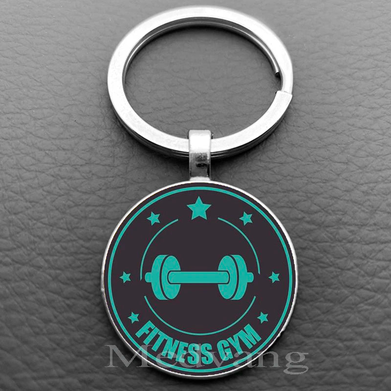 Weightlifting Fitness Pattern Keychain Loves Fitness Men and Women Exclusive Glass Round Keychain Gift for Fitness Club - Sun Studio
