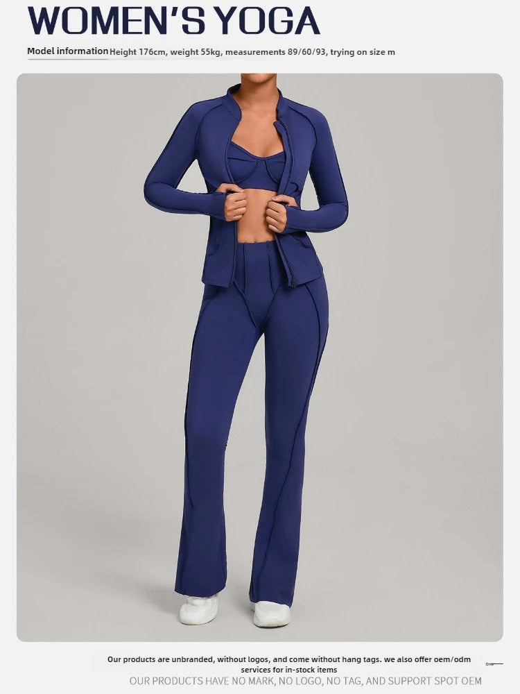 Gym Casual Yoga Set for Women Outdoor Running Fitness Outfit Autumn Winter Tight Sports Three-Piece Set Zipper Coat+bras+pants - Sun Studio