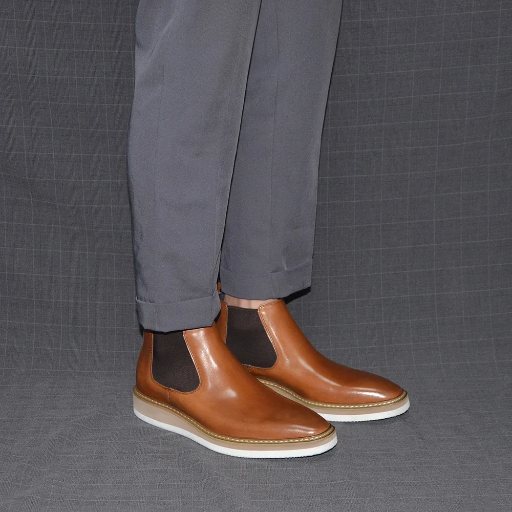 British Style Cow Genuine Leather Men's Chelsea Ankle Boots Slip-on Elastic Band High Top Sneakers Casual Dress Boot for Men - Sun Studio