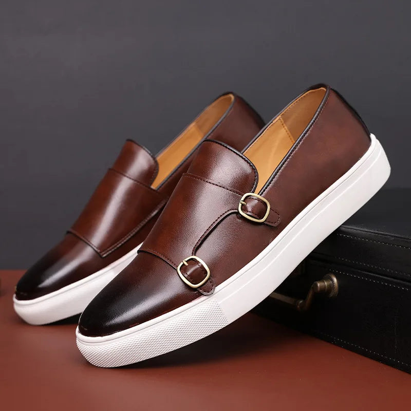 Fashion Man Casual Shoes Leather Men's Retro British Style Loafers Slip-on Outdoor Flats Double Monk Business Daily Shoe - Sun Studio