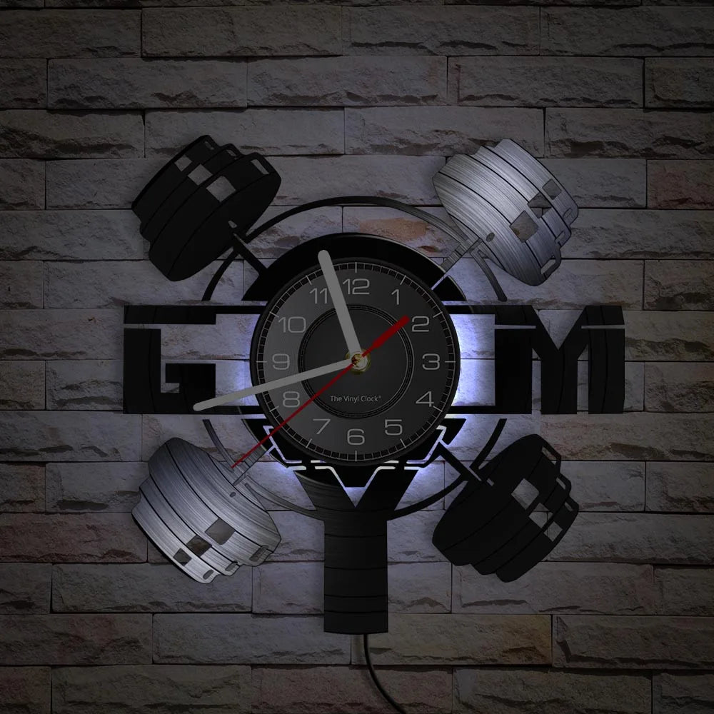 Fitness Equipment Theme Vinyl Record Fitness Wall Clock Home Decoration LED Backlight Modern Fitness Watch
