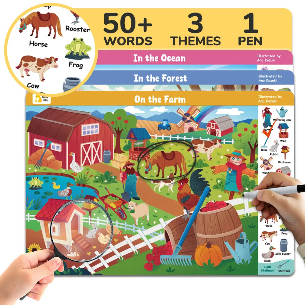Search and Find Game Looking for Different 3 Themes Interactive Activity Painting Kit Drawing Books with Reusable Pen - Sun Studio