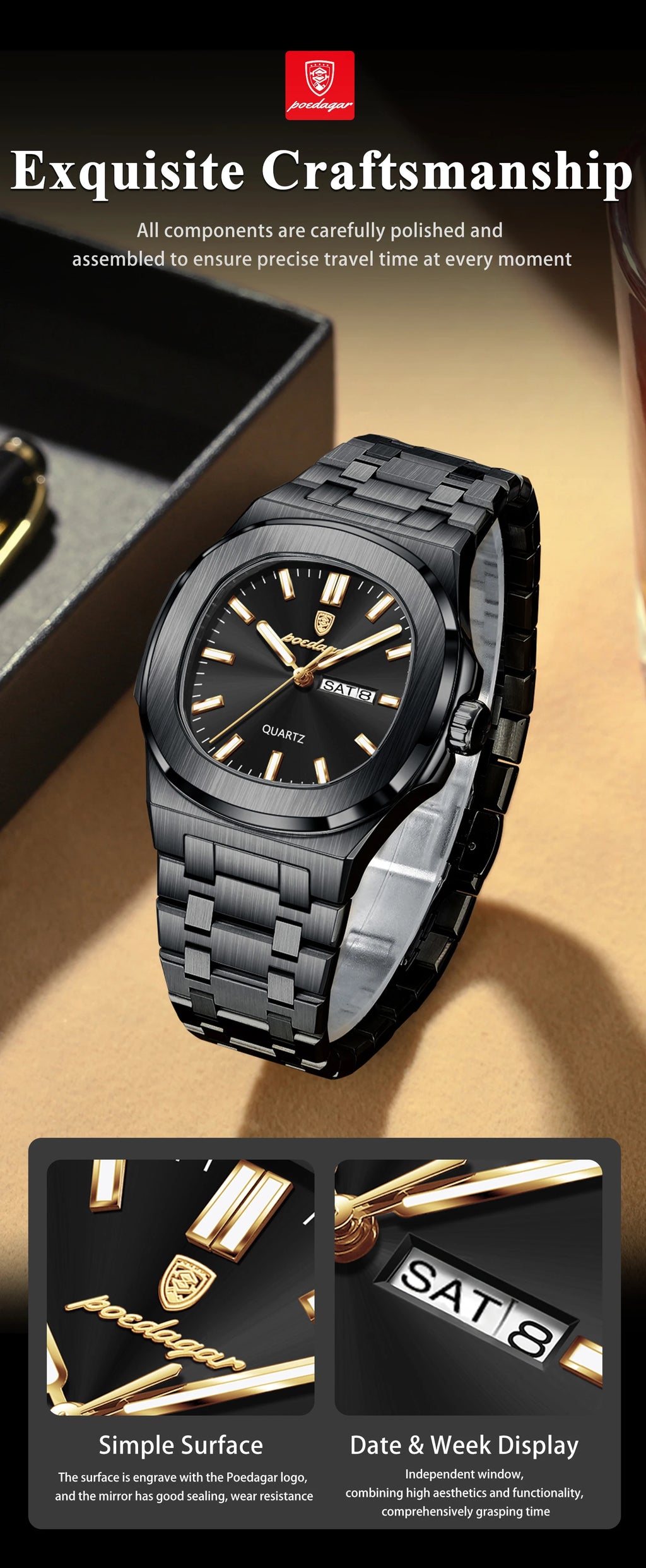 POEDAGAR Luxury Square Men's Watches Waterproof Luminous Date Week Men Watch Stainless Steel Fashion Quartz Man Wristwatch Reloj - Sun Studio