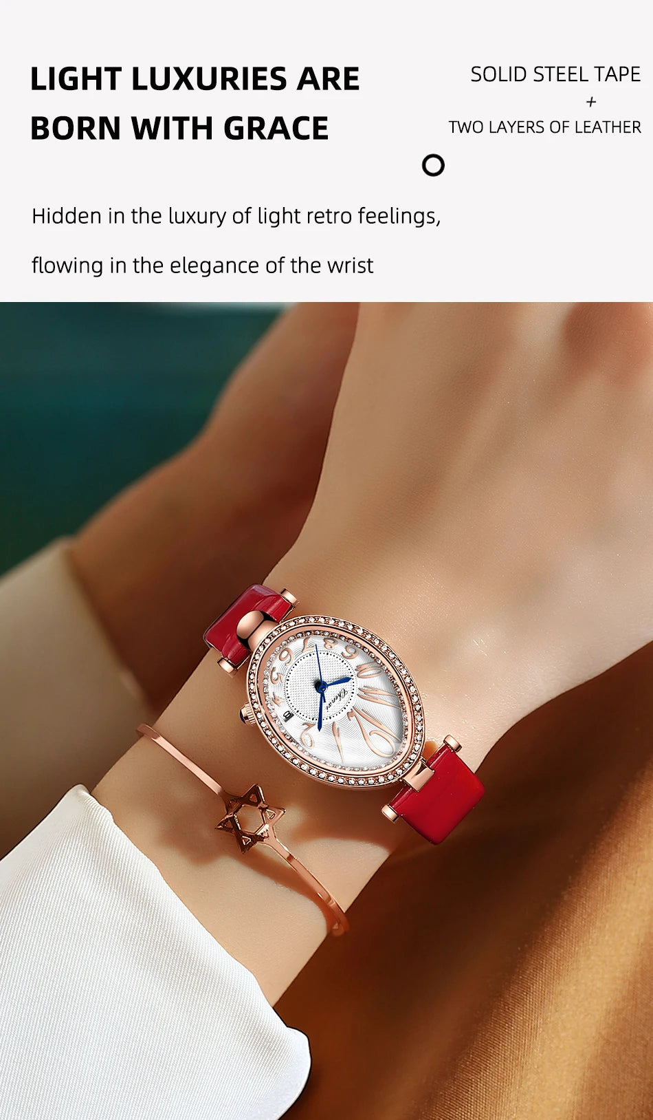 Luxury Watch For Women Diamond Waterproof Quartz Ladies Watches Fashion Elegant Oval Calendar Wristwatche Leather Strap - Sun Studio