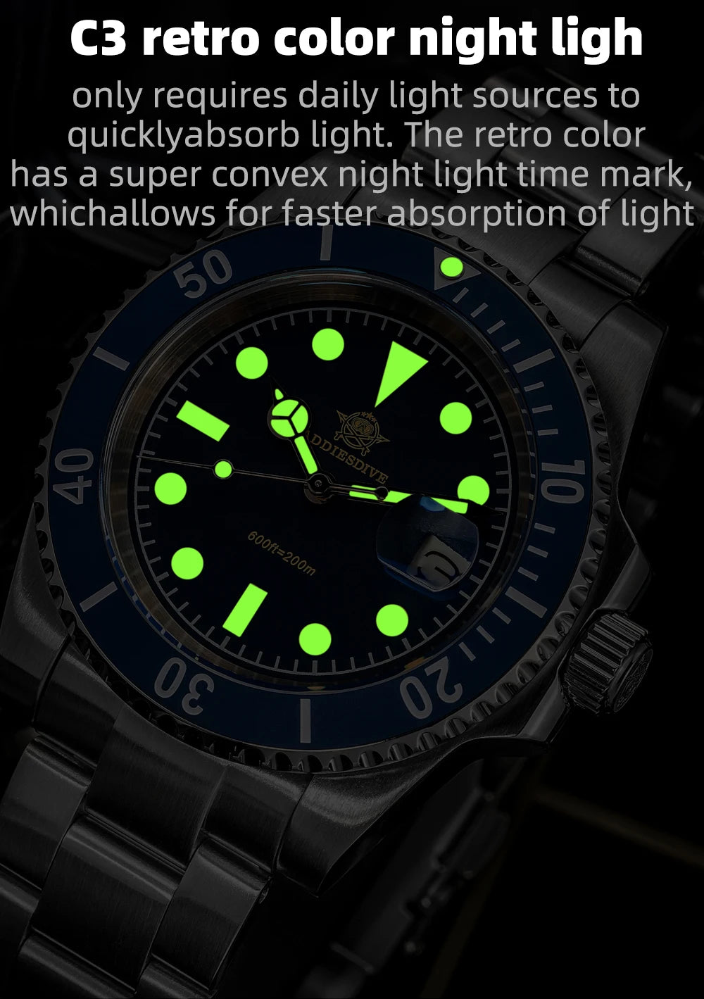 ADDIESDIVE Men's Watch Quartz Calendar Window 316L Stainless Steel Ceramic Bezel 20Bar Waterproof Luminous Watches 41mm - Sun Studio