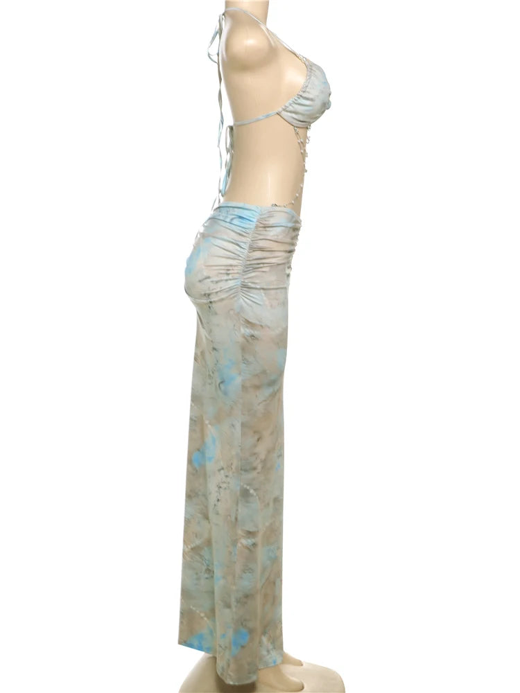kliou Pearl Splice Stunning Dresses Women Sexy Tie Dye Tassel Bandage Hollow Shirring Maxi Bodycon Lady Vacation Party Vestidos - Sun Studio