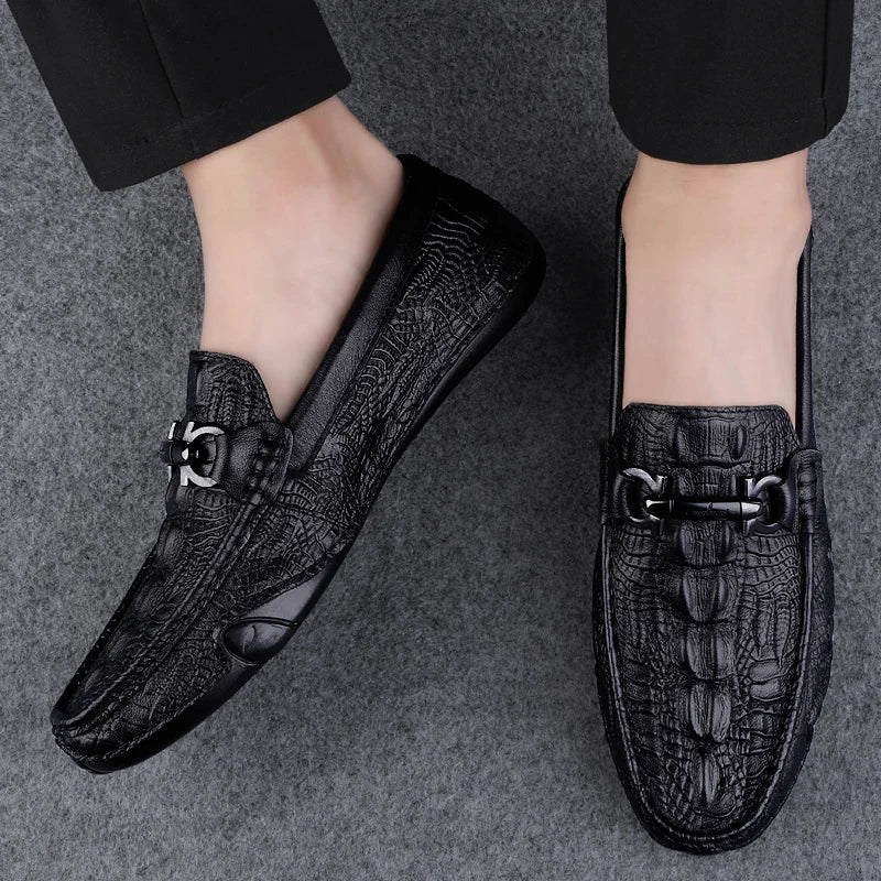 Mens Slip On Loafers Genuine Leather Casual Shoes Driving Moccasins Flats Luxury Brand Classic Black Handmade - Sun Studio