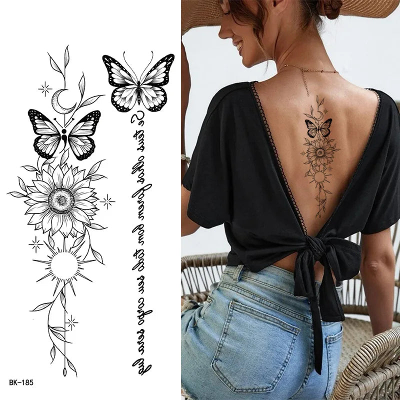 Black White Temporary Transfer Tattoos Floral Butterfly Lettering Line Art Waterproof Body Stickers for Music Festival Party