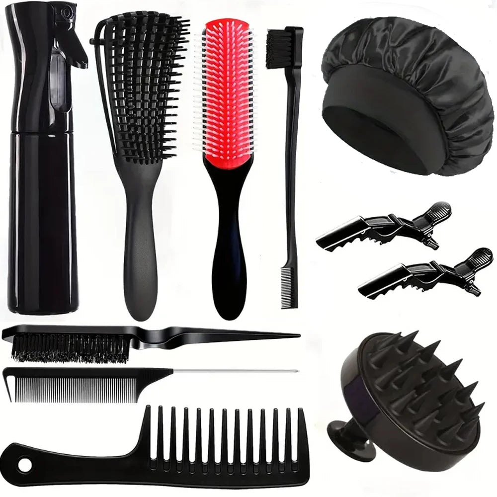 Hair Brush Comb Set with Spray Bottle & Scalp Massager, Wet Dry Curly Hair Detangling Kit, Wide Tooth Combs for Women Men - Sun Studio