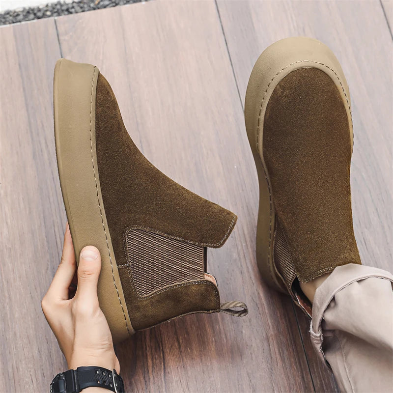 Fashion Brand Men Genuine Leather Mid Top Boots with British Style Autumn Winter Men Anti Slip and Wear-resistant Chelsea Boots - Sun Studio