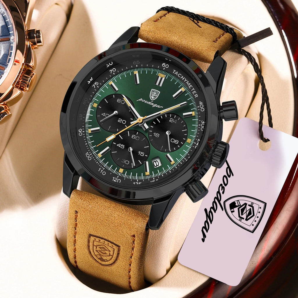 POEDAGAR Top Brand Men's Quartz Watch Waterproof Luminous Chronograph Military Man Watch Luxury Fashion Leather Watches For Men - Sun Studio